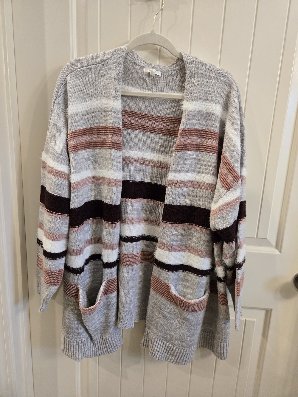 Maurices Striped Open-Front Cardigan - Gray, Pink & Maroon Size 4x